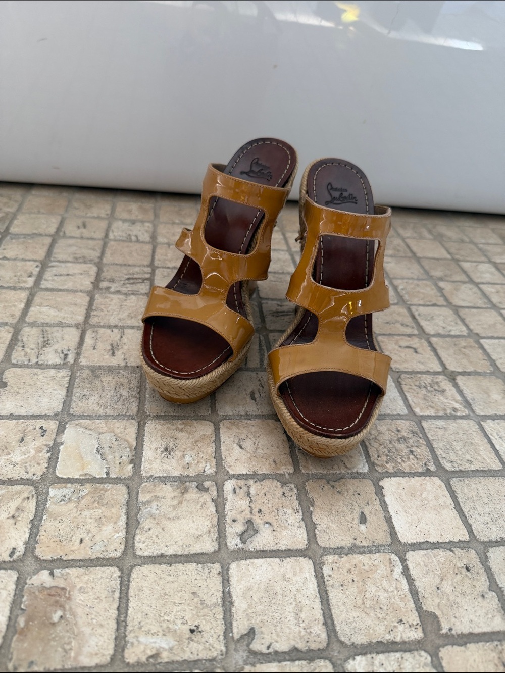 Christian Louboutin Tan Patent Leather Espadrille Wedge Sandals